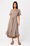 Taupe Linen Blend Ruffle Midi Shirt Dress