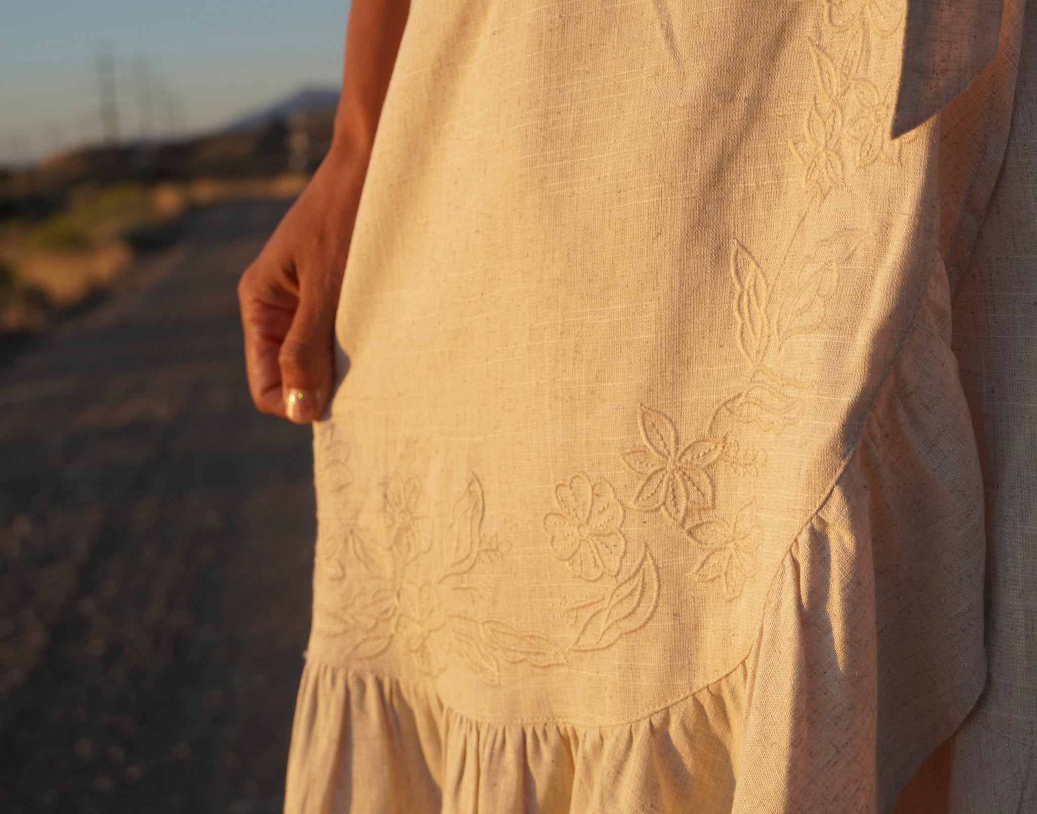 Ivory viscose-linen embroidered modest maxi dress with a faux-wrap waist tie