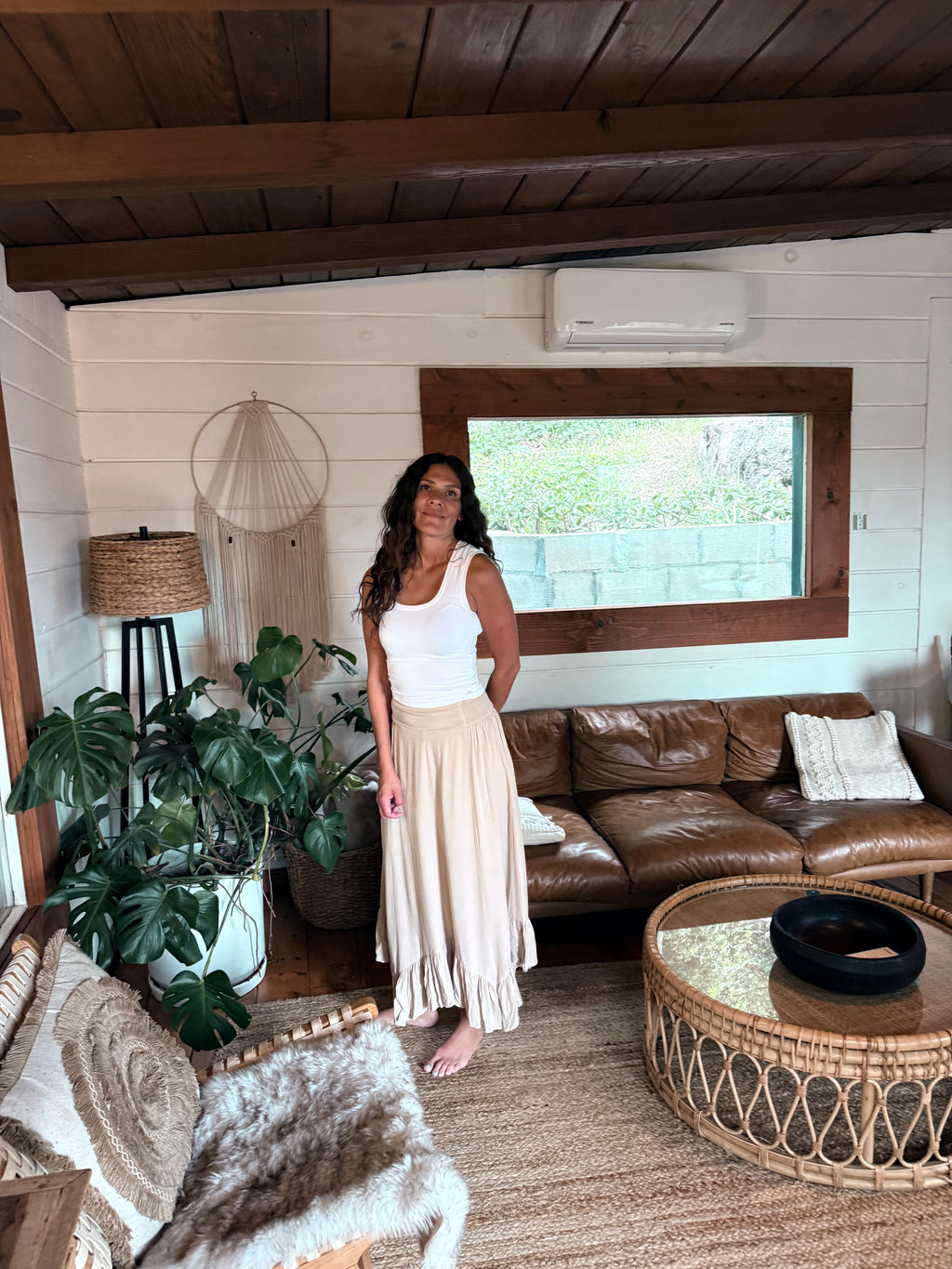 Ruffle-hem sand-beige bohemian modest maxi skirt with a smocked waist