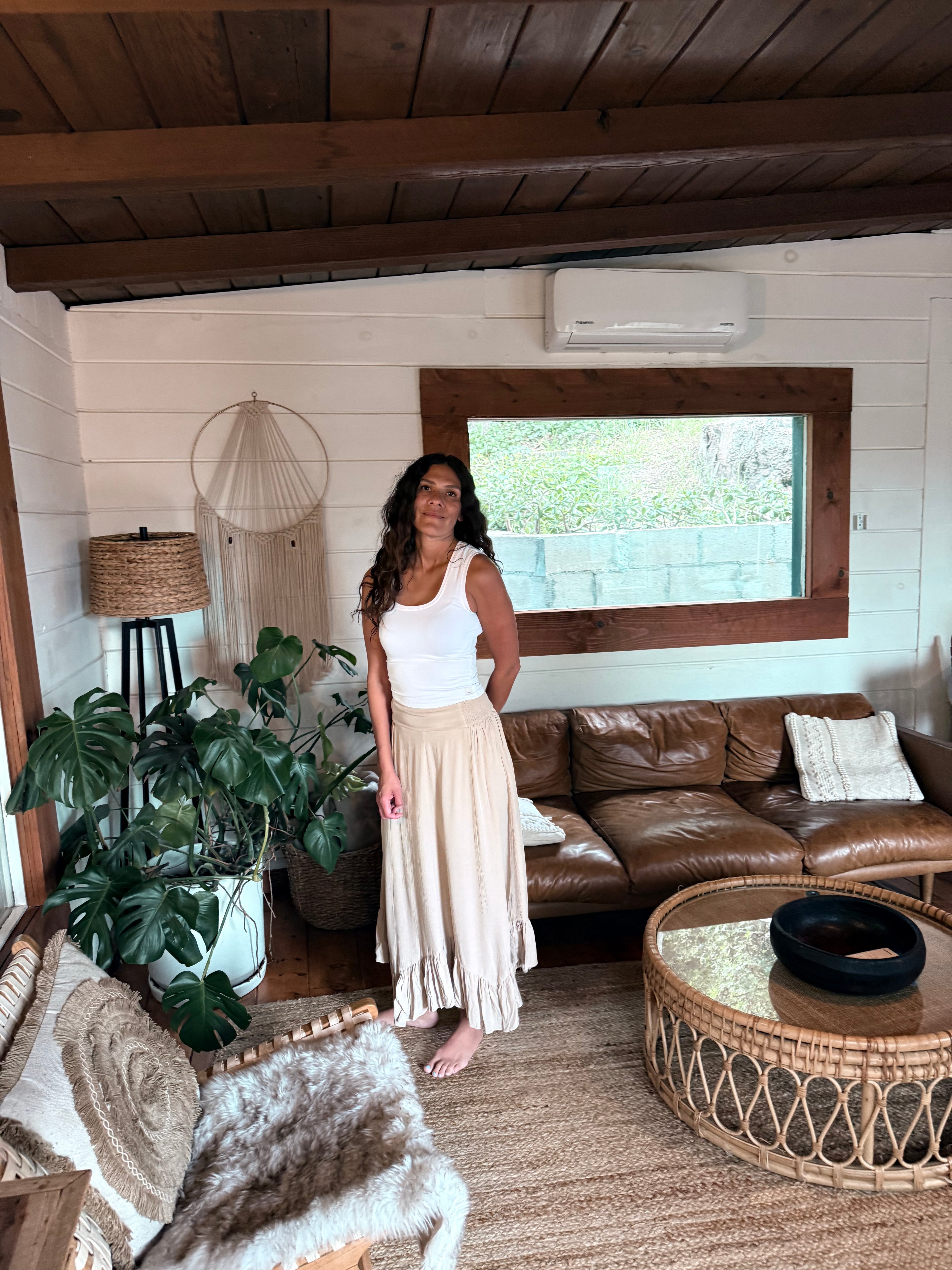 Ruffle-hem sand-beige bohemian modest maxi skirt with a smocked waist