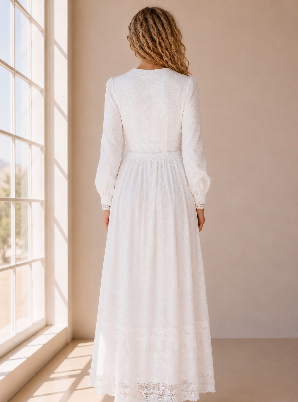 A woman viewed from behind wearing a long-sleeve white maxi dress with lace detailing, standing in a sunlit room with a window and beige walls.