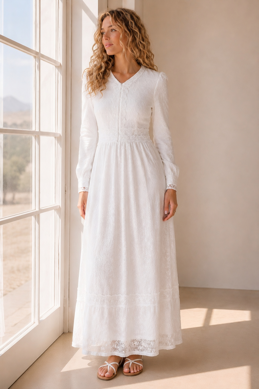 A woman wearing a long-sleeve white maxi dress with lace detailing, standing in a sunlit room next to a large window.