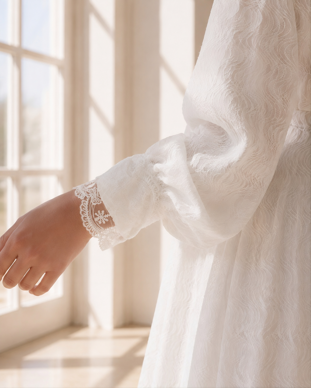 A close-up of a person wearing a white textured long-sleeve dress or robe with delicate lace trim at the cuff, standing near a sunlit window.