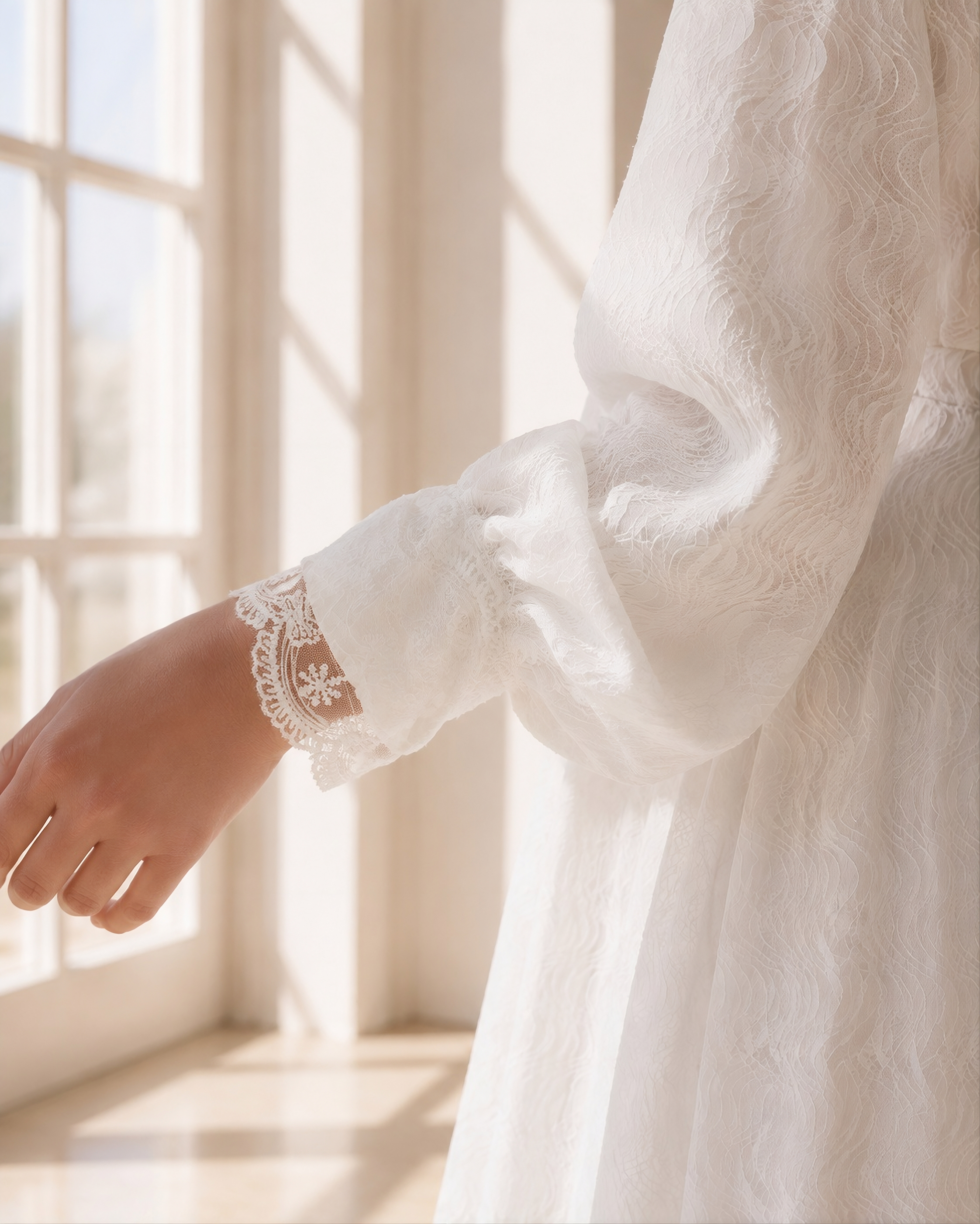 A close-up of a person wearing a white textured long-sleeve dress or robe with delicate lace trim at the cuff, standing near a sunlit window.