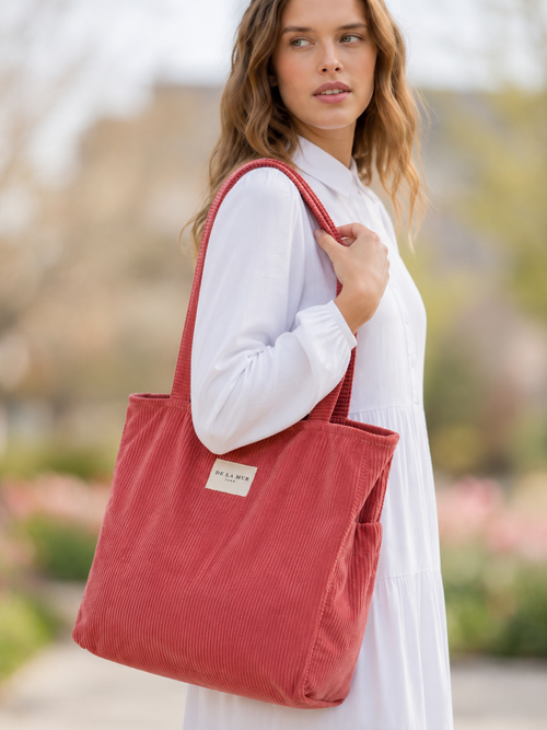 Coral corduroy shoulder bag with side pockets and top zip, made in Spain