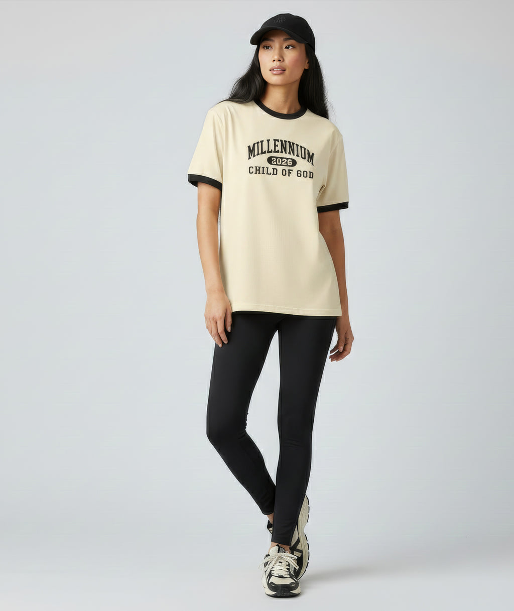 Child of God cream varsity ringer tee with black contrast binding