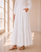 Close-up of the ruffle collar and V-neckline on The Brigham City LDS temple dress