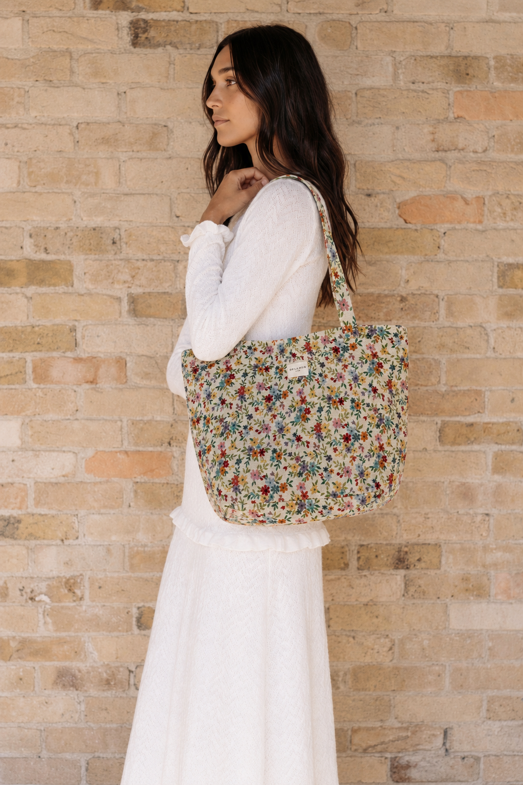 Cottage Garden floral-jacquard zippered tote bag with roomy interior, made in Spain