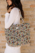 Cottage Garden floral-jacquard zippered tote bag with roomy interior, made in Spain