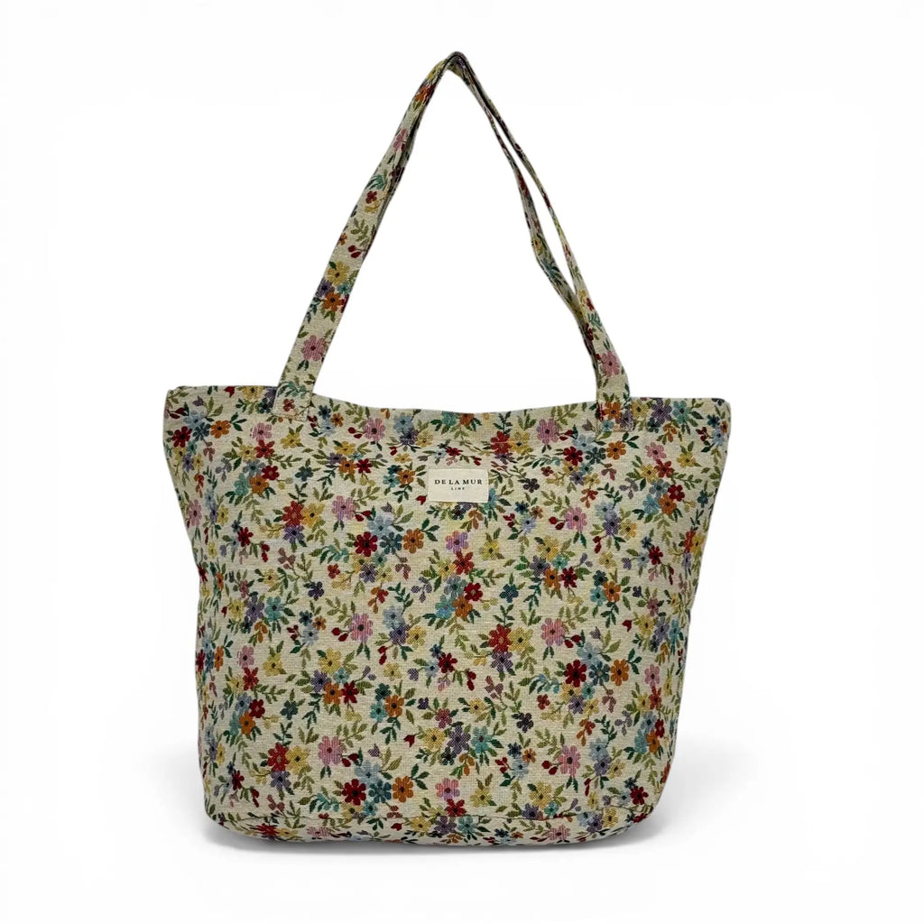 Cottage Garden floral-jacquard zippered tote bag with roomy interior, made in Spain