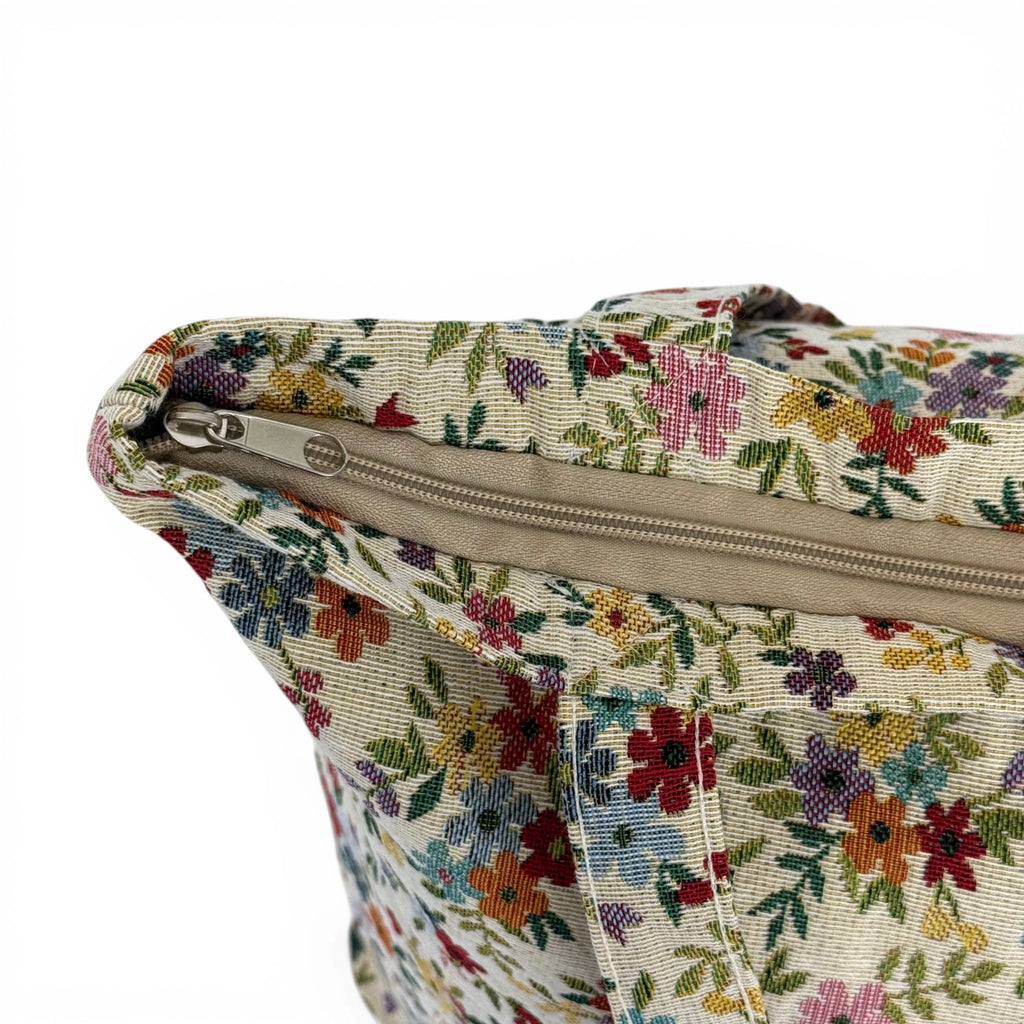 Cottage Garden floral-jacquard zippered tote bag with roomy interior, made in Spain