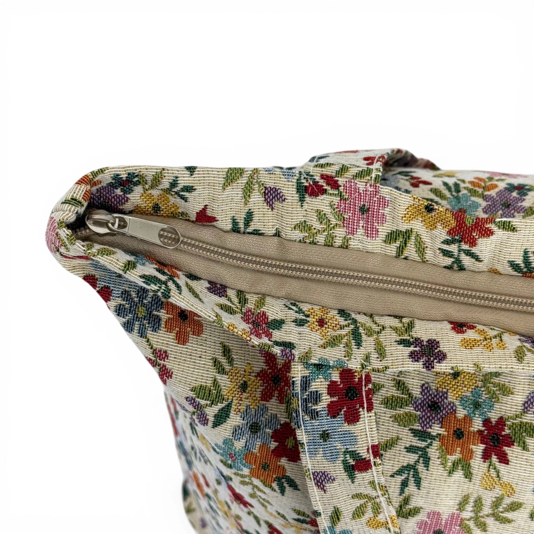 Cottage Garden floral-jacquard zippered tote bag with roomy interior, made in Spain