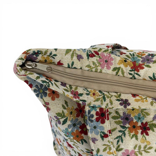 Cottage Garden floral-jacquard zippered tote bag with roomy interior, made in Spain