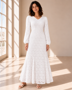 Draper Petite white floral lace LDS temple dress, model wearing long sleeves and flowing maxi skirt