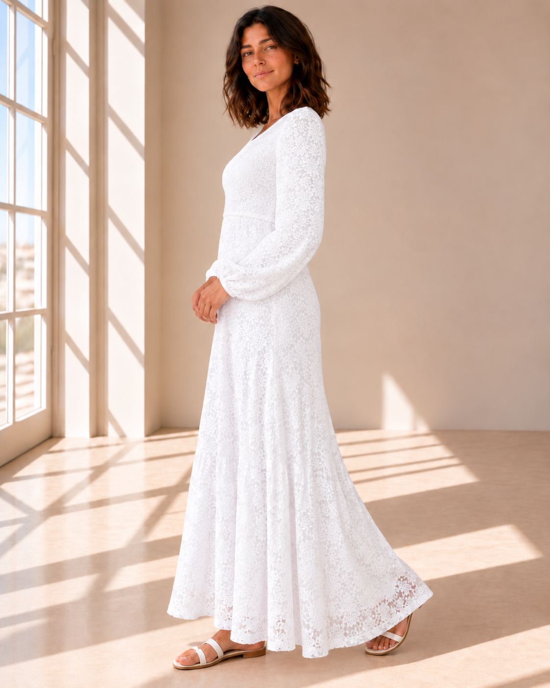Draper Petite LDS temple dress detailed white floral lace fabric and romantic balloon sleeves
