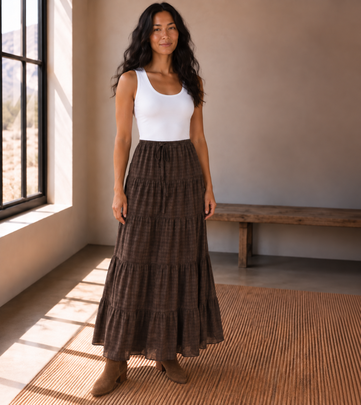 Espresso Plaid Tiered Maxi Skirt with Pockets