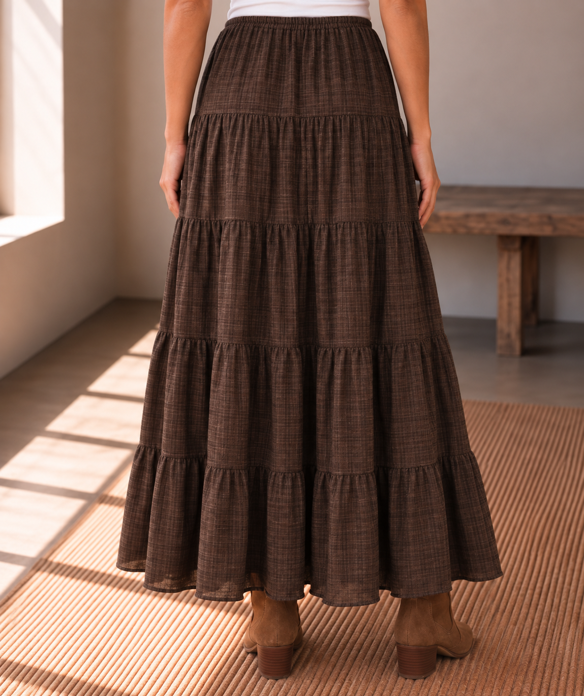 Espresso Plaid Tiered Maxi Skirt with Pockets