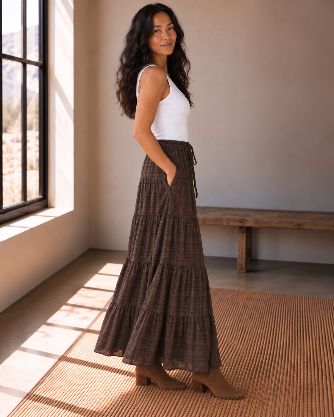 Espresso Plaid Tiered Maxi Skirt with Pockets