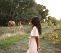 Ivory viscose-linen embroidered modest maxi dress with a faux-wrap waist tie