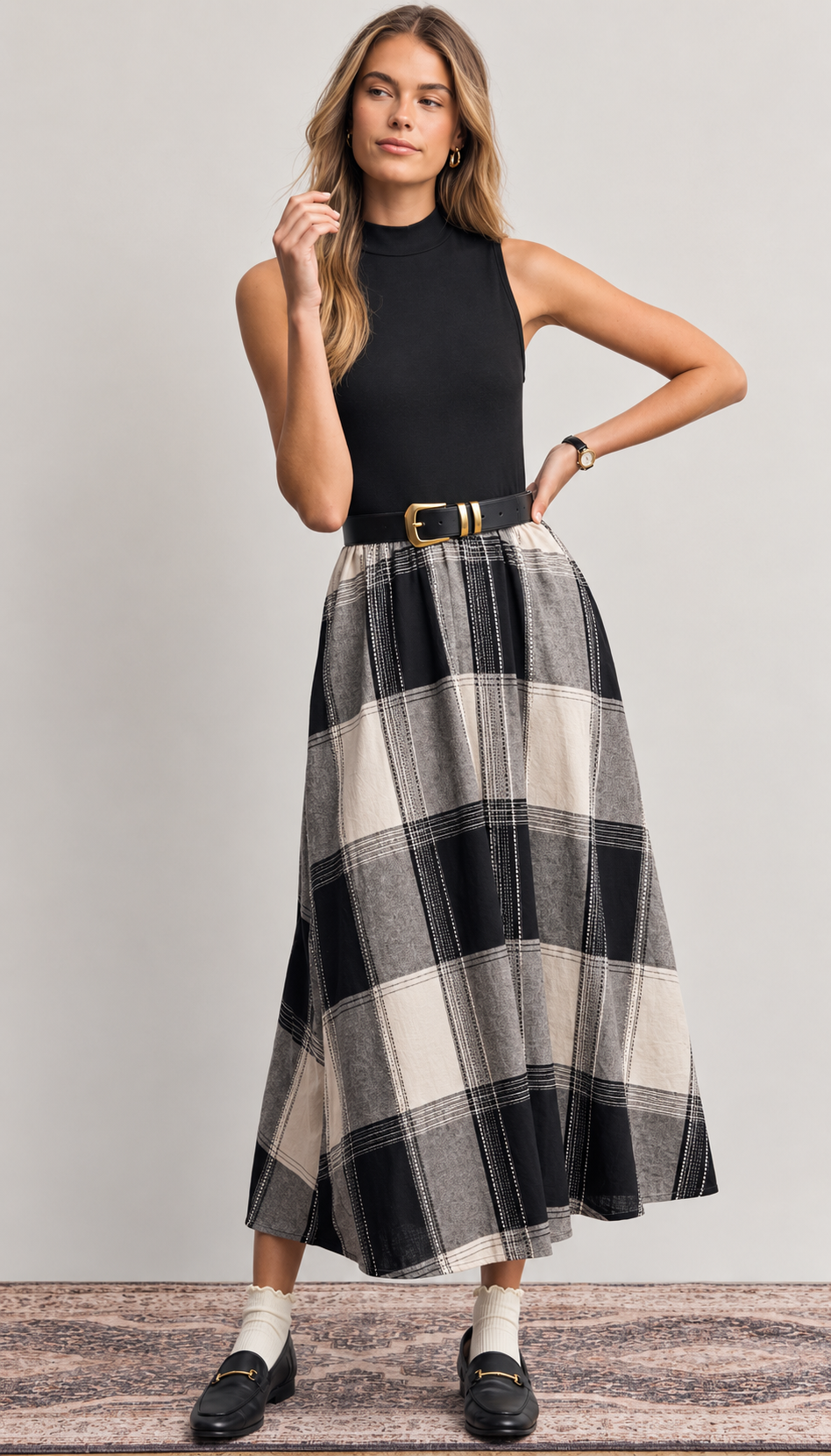 Faded Black Plaid Mixed Media Midi Dress