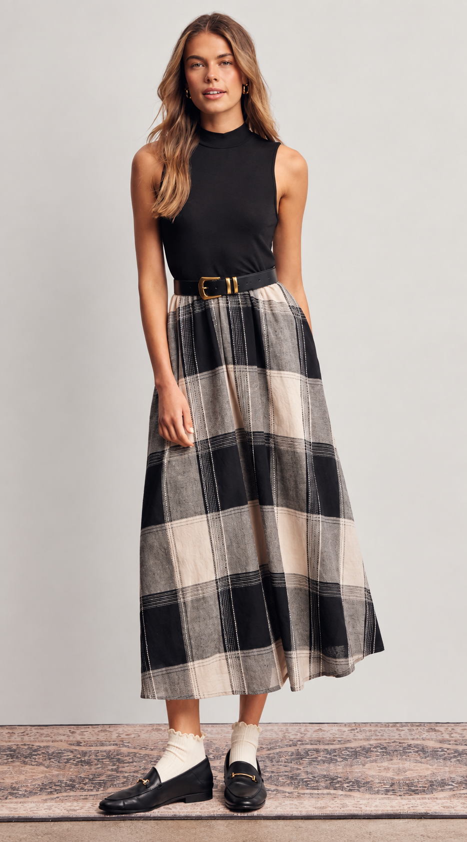 Faded Black Plaid Mixed Media Midi Dress