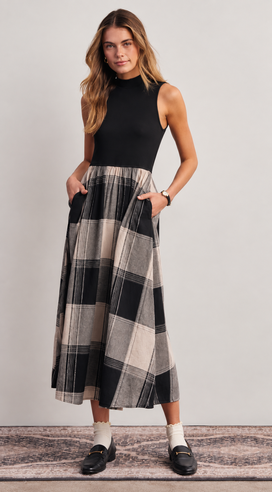 Faded Black Plaid Mixed Media Midi Dress