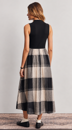 Faded Black Plaid Mixed Media Midi Dress