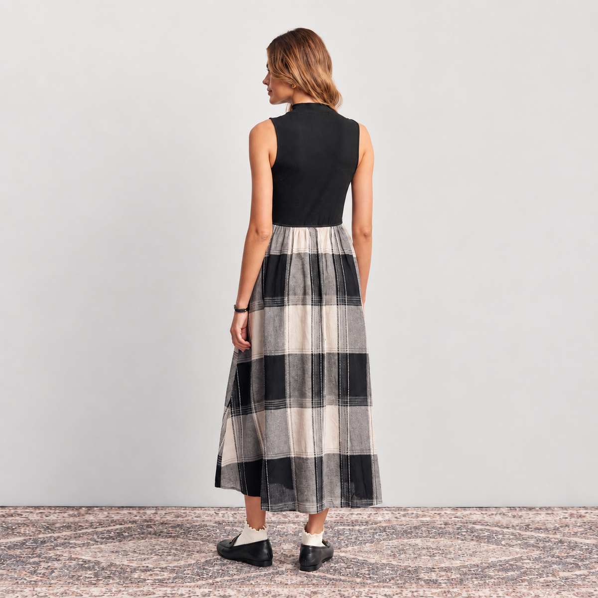 Faded Black Plaid Mixed Media Midi Dress