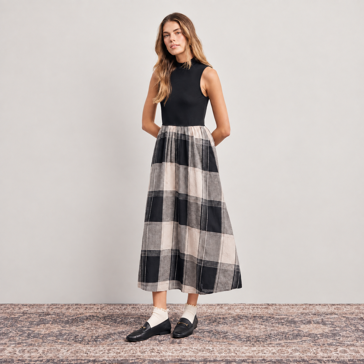 Faded Black Plaid Mixed Media Midi Dress
