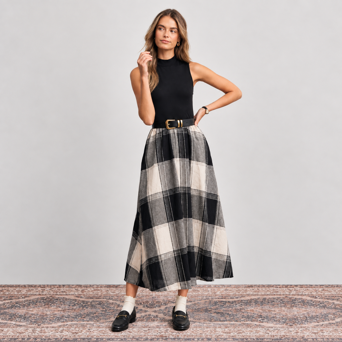 Faded Black Plaid Mixed Media Midi Dress