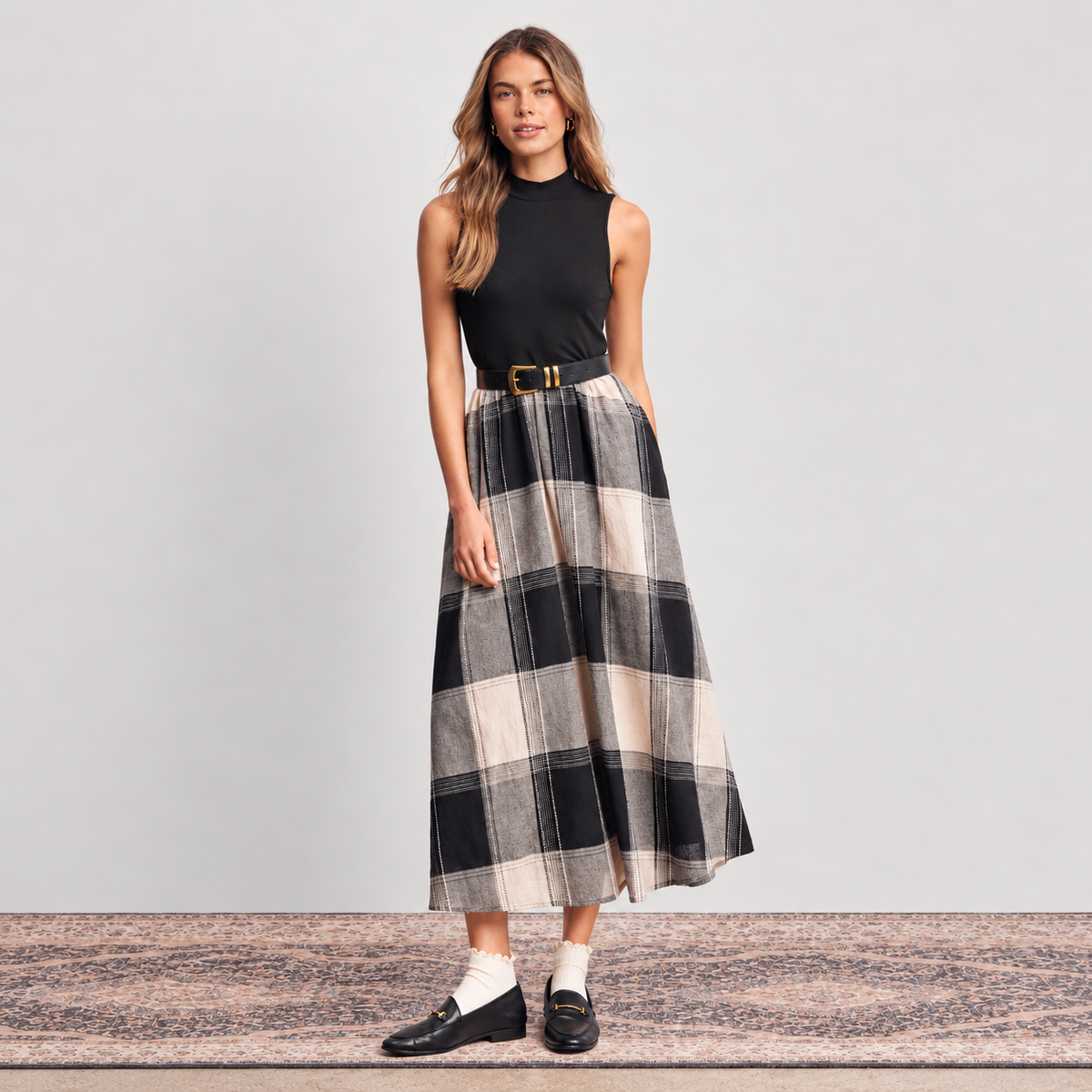 Faded Black Plaid Mixed Media Midi Dress