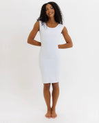 The Priscilla contour-stretch modest slip dress with a scoop neck and cap sleeves