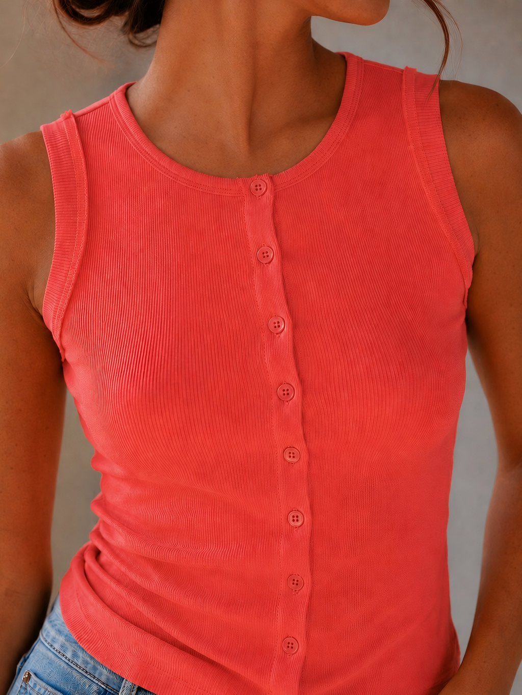 Garment-Friendly Orange Ribbed Button Tank Top