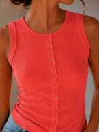 Garment-Friendly Orange Ribbed Button Tank Top