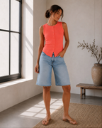 Garment-Friendly Orange Ribbed Button Tank Top