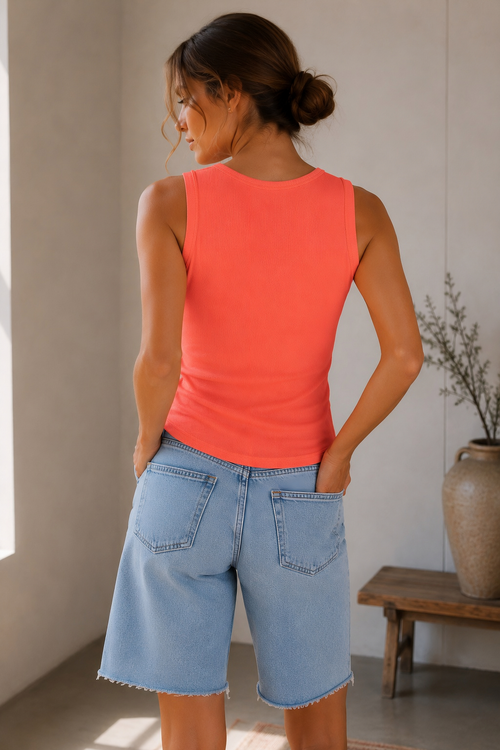 Garment-Friendly Orange Ribbed Button Tank Top