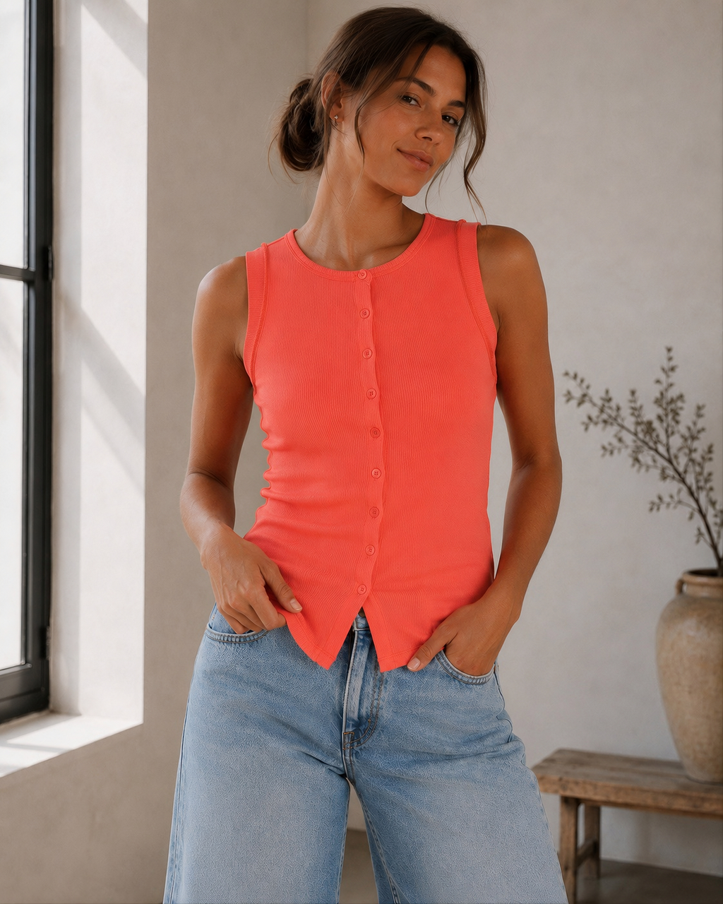 Garment-Friendly Orange Ribbed Button Tank Top