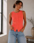 Garment-Friendly Orange Ribbed Button Tank Top
