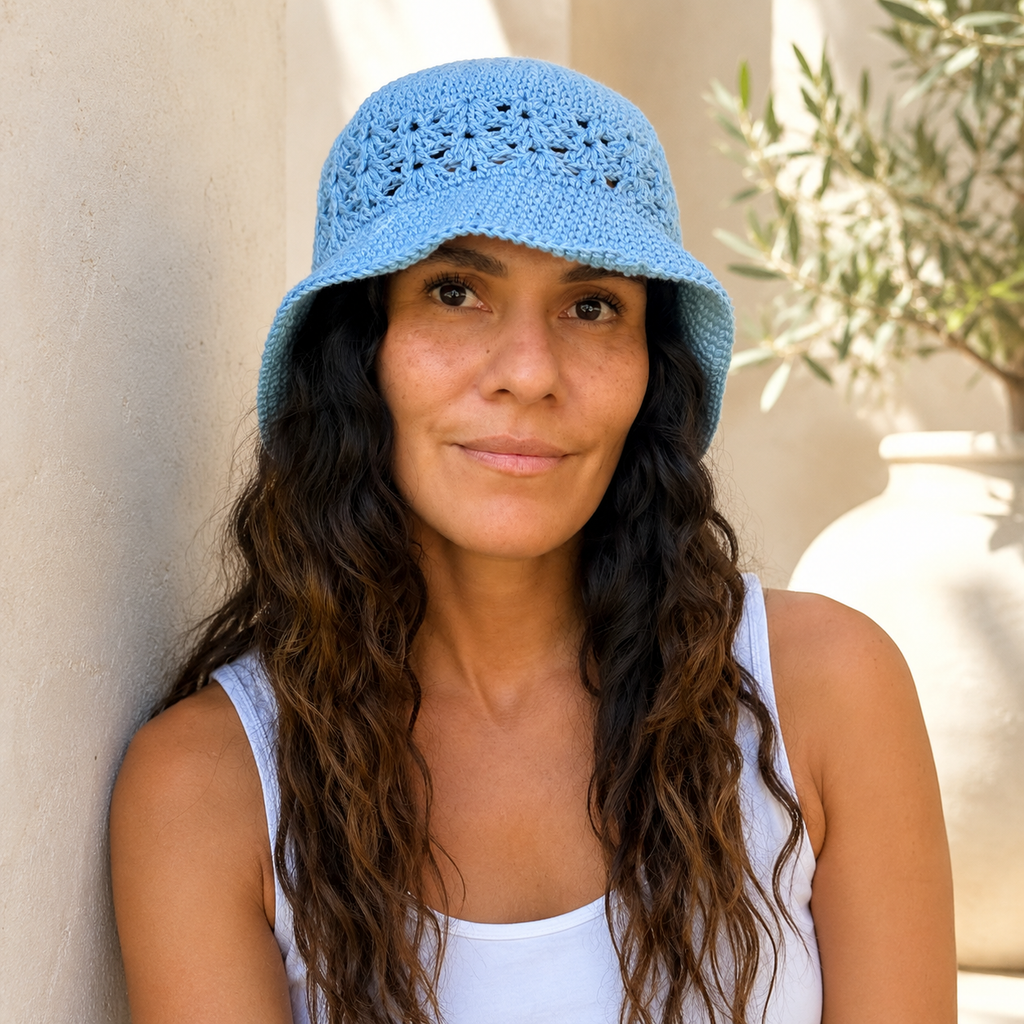 Handmade Light Blue Crochet Bucket Hat for Adults Openwork Summer Hat.