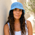 Handmade Light Blue Crochet Bucket Hat for Adults Openwork Summer Hat.