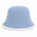 Handmade Light Blue Crochet Bucket Hat with White Trim- Adult Summer Hat