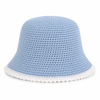 Handmade Light Blue Crochet Bucket Hat with White Trim- Adult Summer Hat