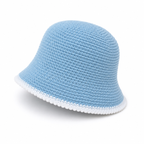 Handmade Light Blue Crochet Bucket Hat with White Trim- Adult Summer Hat