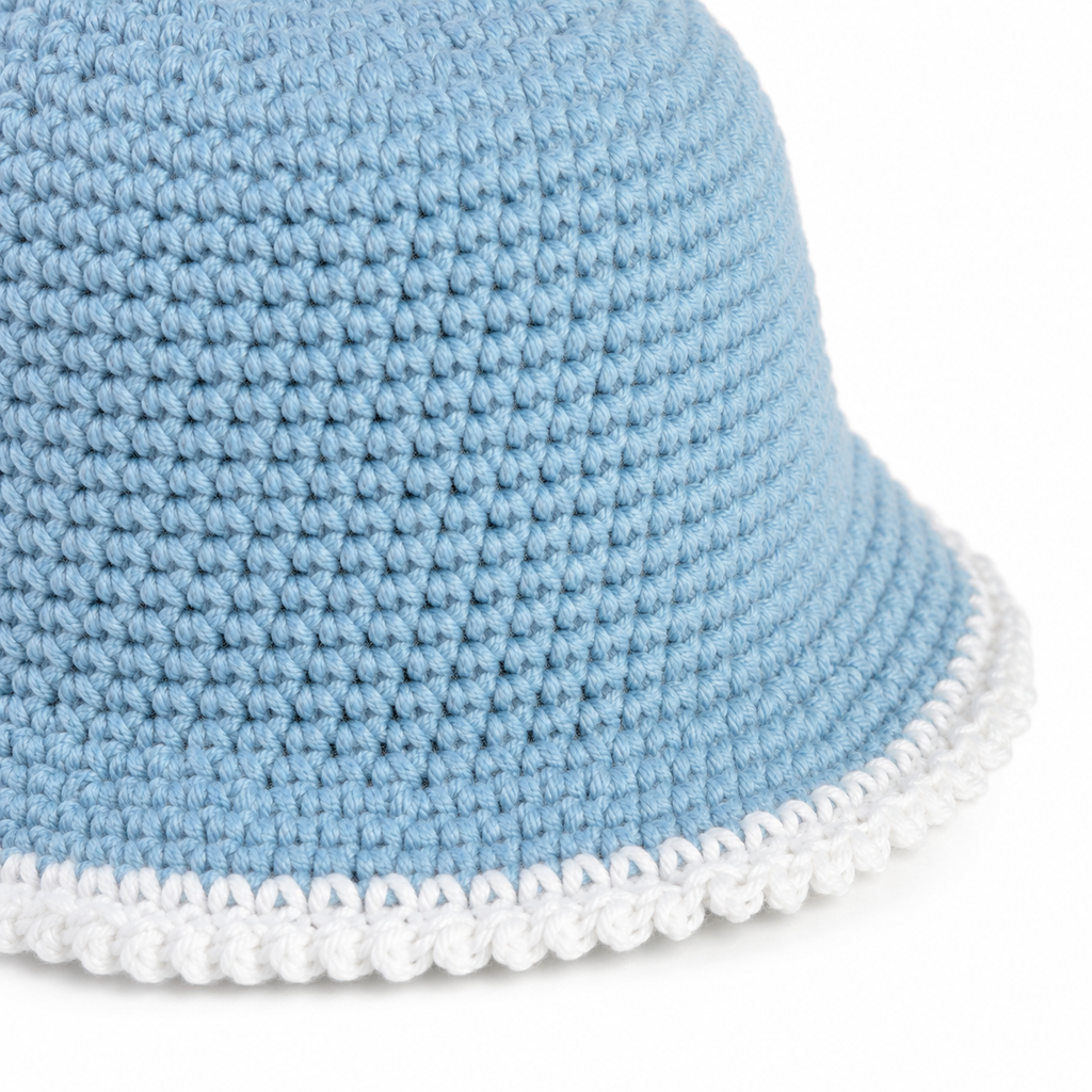 Handmade Light Blue Crochet Bucket Hat with White Trim- Adult Summer Hat