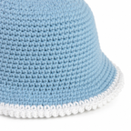 Handmade Light Blue Crochet Bucket Hat with White Trim- Adult Summer Hat