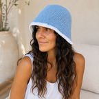 Handmade Light Blue Crochet Bucket Hat with White Trim- Adult Summer Hat