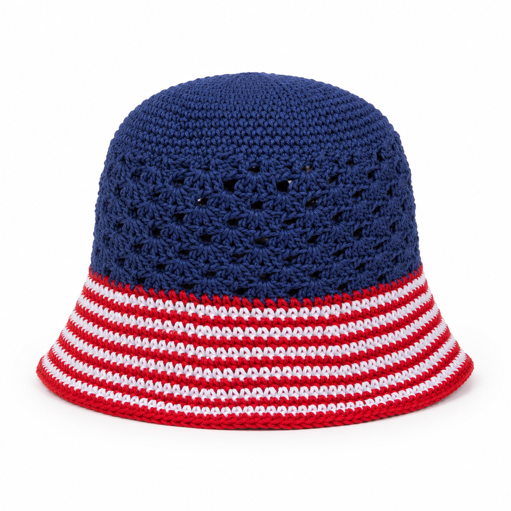 Handmade Navy Crochet Bucket Hat with Red and White Striped Brim – Adult Size