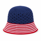 Handmade Navy Crochet Bucket Hat with Red and White Striped Brim – Adult Size