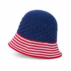 Handmade Navy Crochet Bucket Hat with Red and White Striped Brim – Adult Size