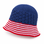 Handmade Navy Crochet Bucket Hat with Red and White Striped Brim – Adult Size